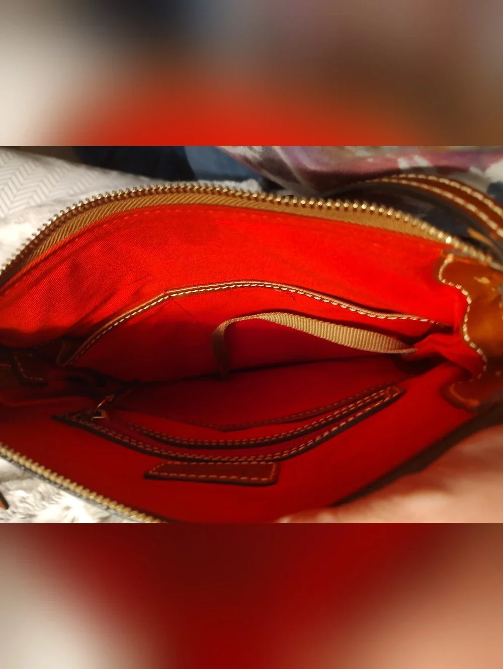 Dooney & Bourke Pebbled Black/Brown  Zip Bag Red Lining Gold HW